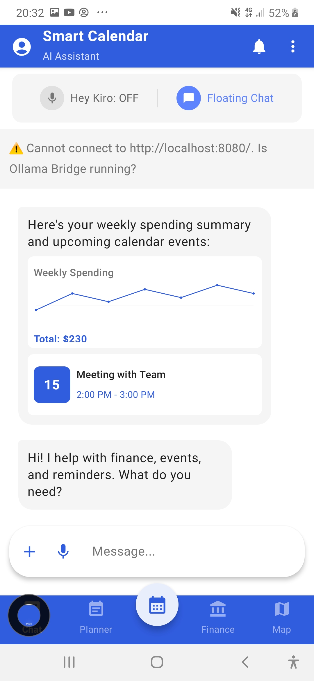 Smart Calendar AI Assistant interface showing voice commands and calendar integration