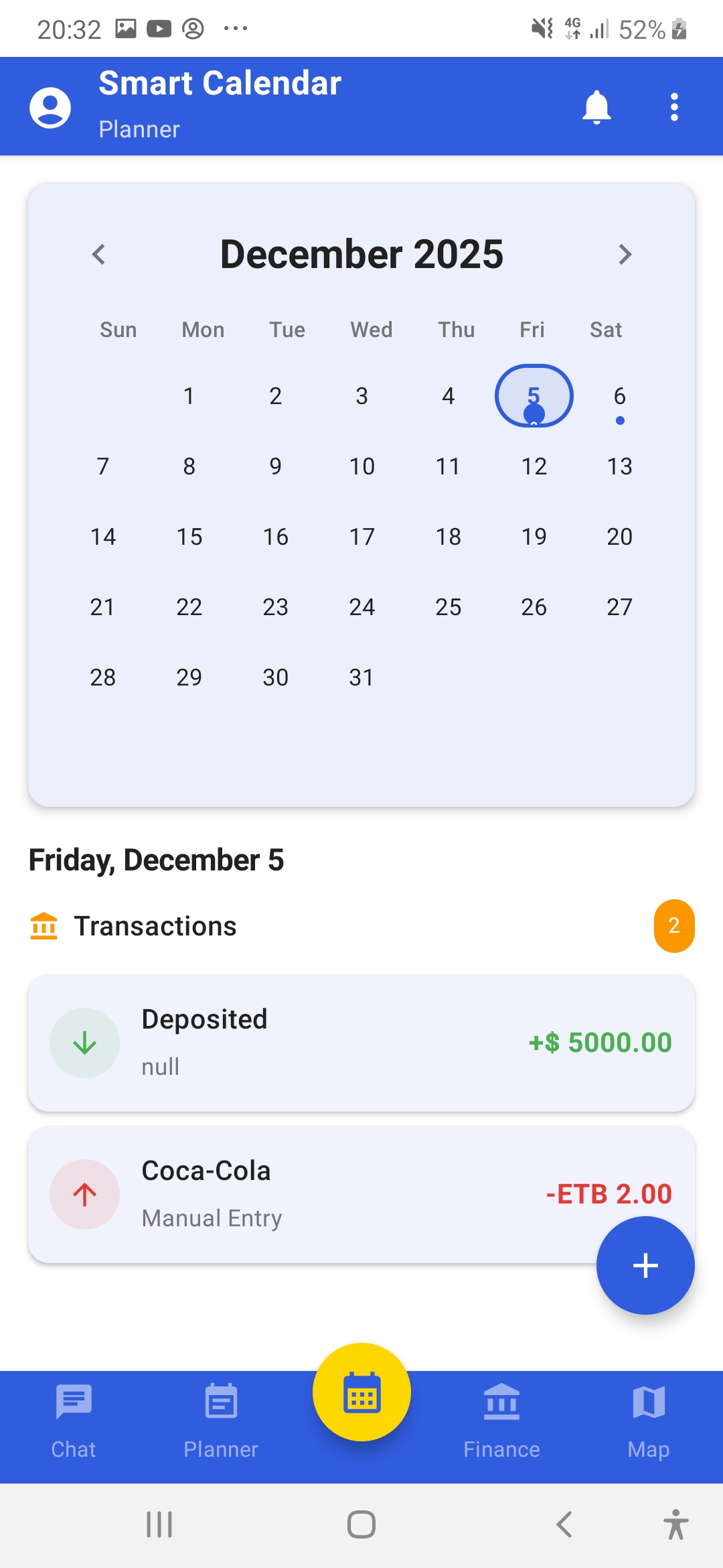 Calendar view with events