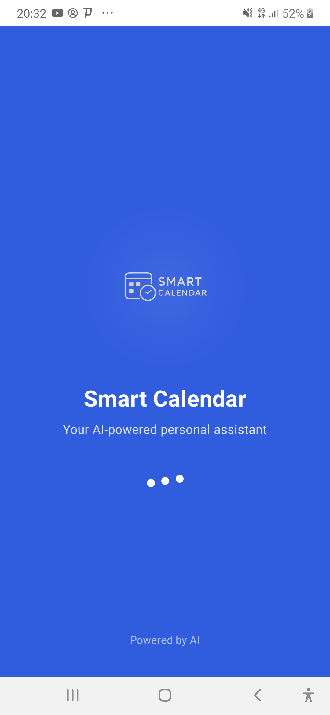 Smart Calendar launch screen showing main dashboard with calendar, tasks, and AI assistant