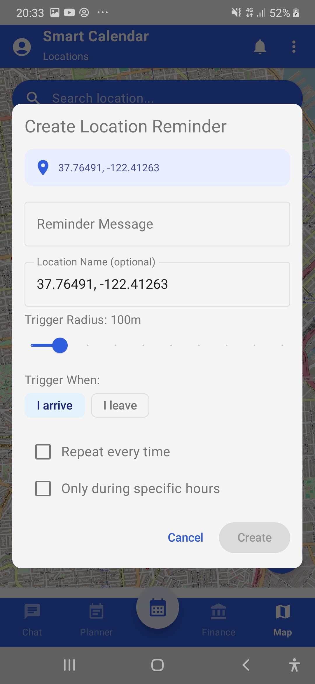 Location-based reminder interface with map